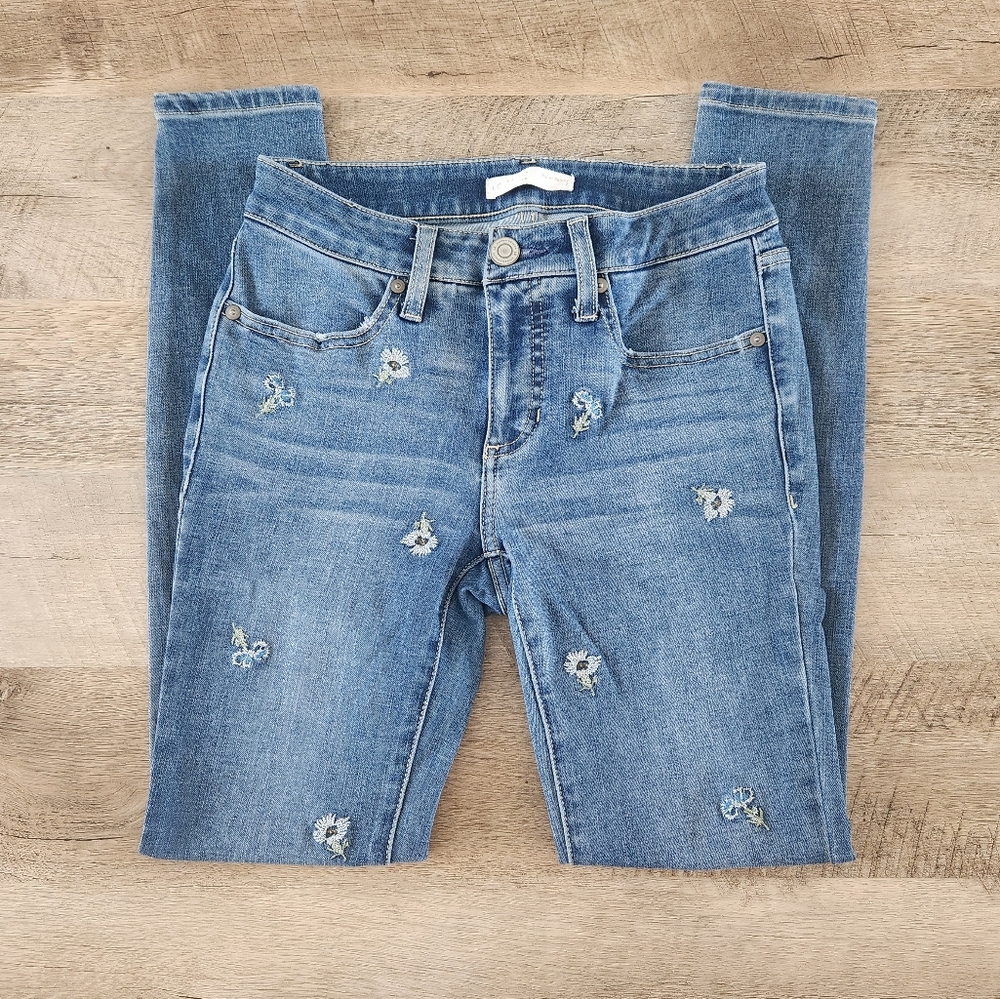 LC Lauren Conrad Medium Blue Skinny Jeans with Embroidered Floral Accents